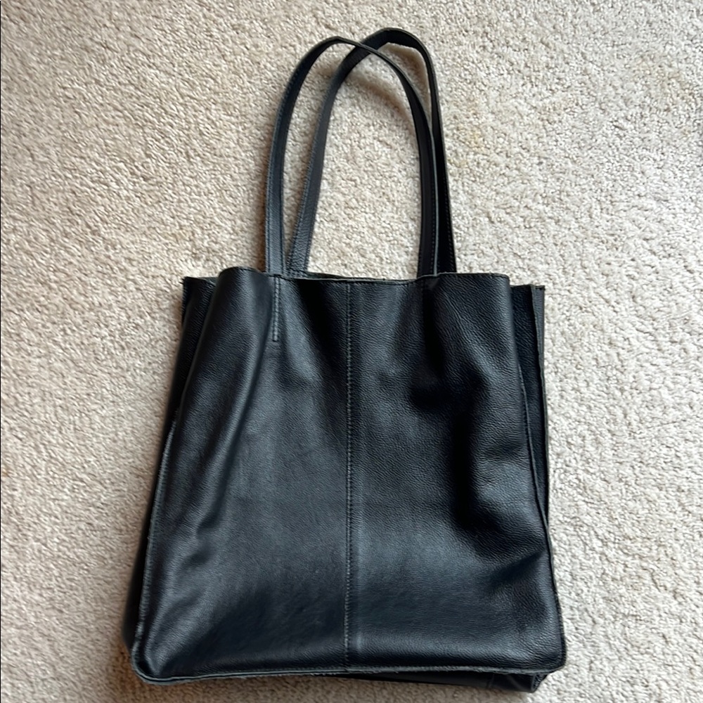 Minelli Elegant Black Leather Tote Bag